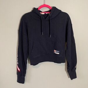 Superdry Navy Cropped Fitted Hoodie Athletic‎ Logo Sleeve Pullover Women Small